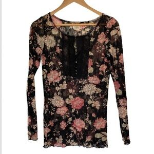 DENIM & Supply Floral Print Blouse Womens Size Medium Lettuce Trim, Button Front